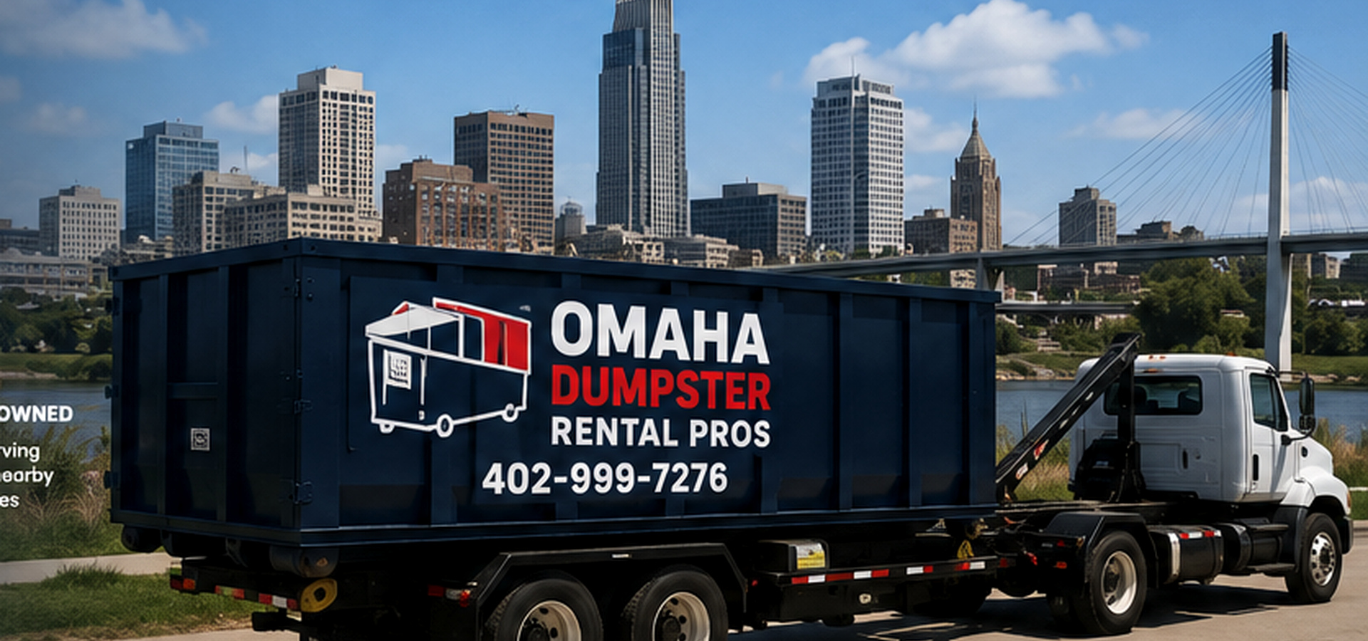 Omaha Dumpster Pro roll-off truck with downtown Omaha skyline